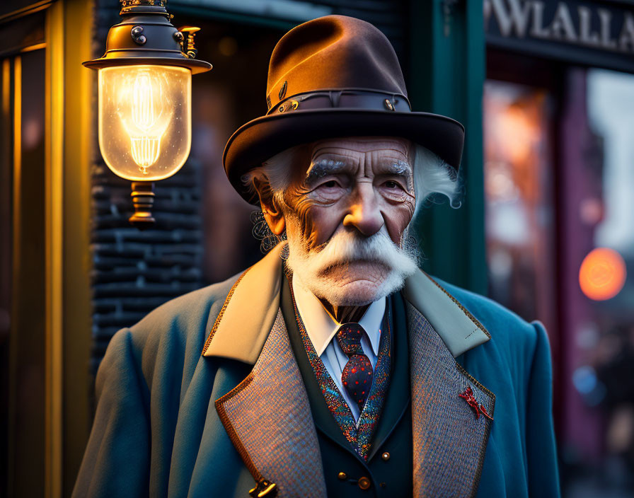 Elderly man in dark hat and blue coat by lit street lamp at dusk