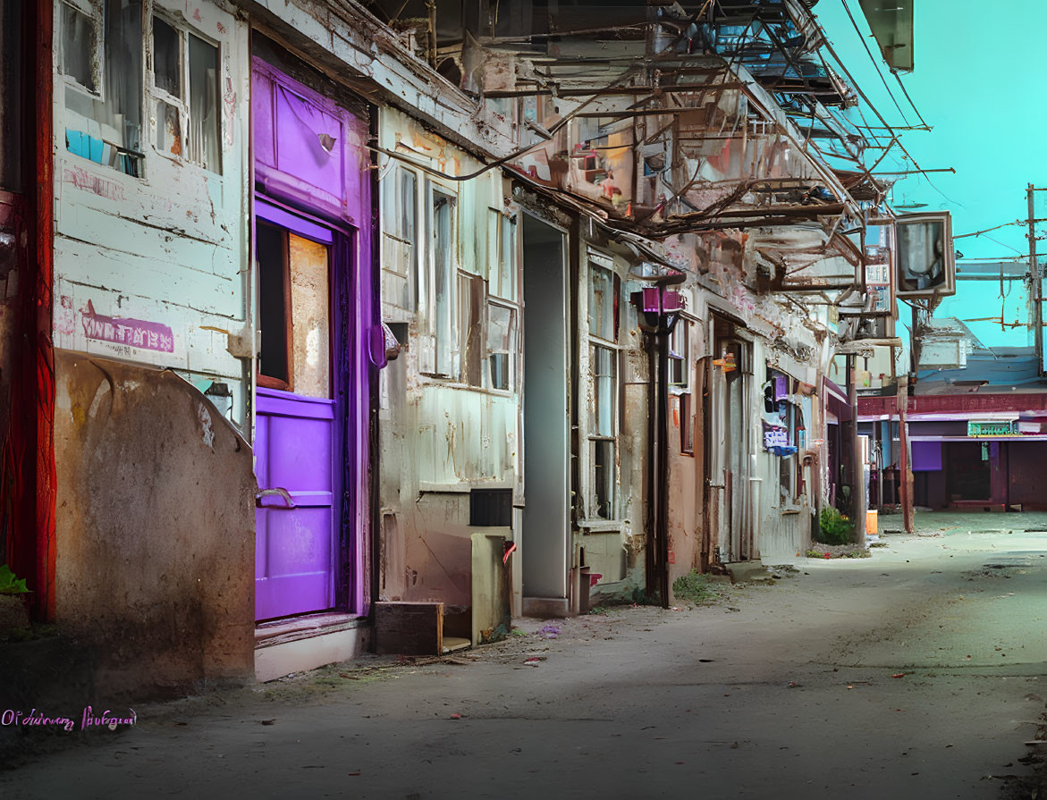 Urban alley with peeling paint, bright purple door, faded walls