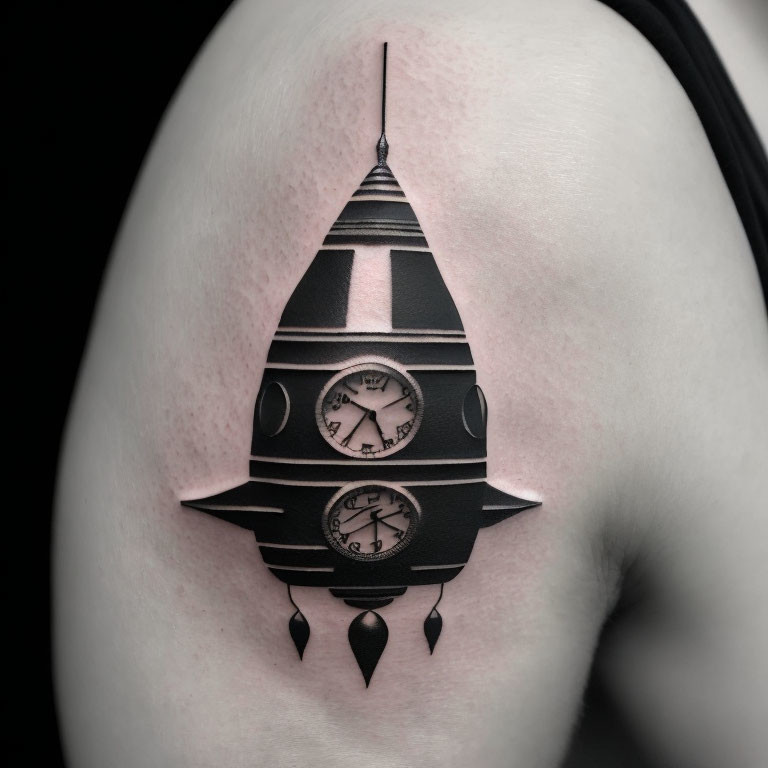 Black and Gray Clock and Rocket Ship Tattoo Design on Skin