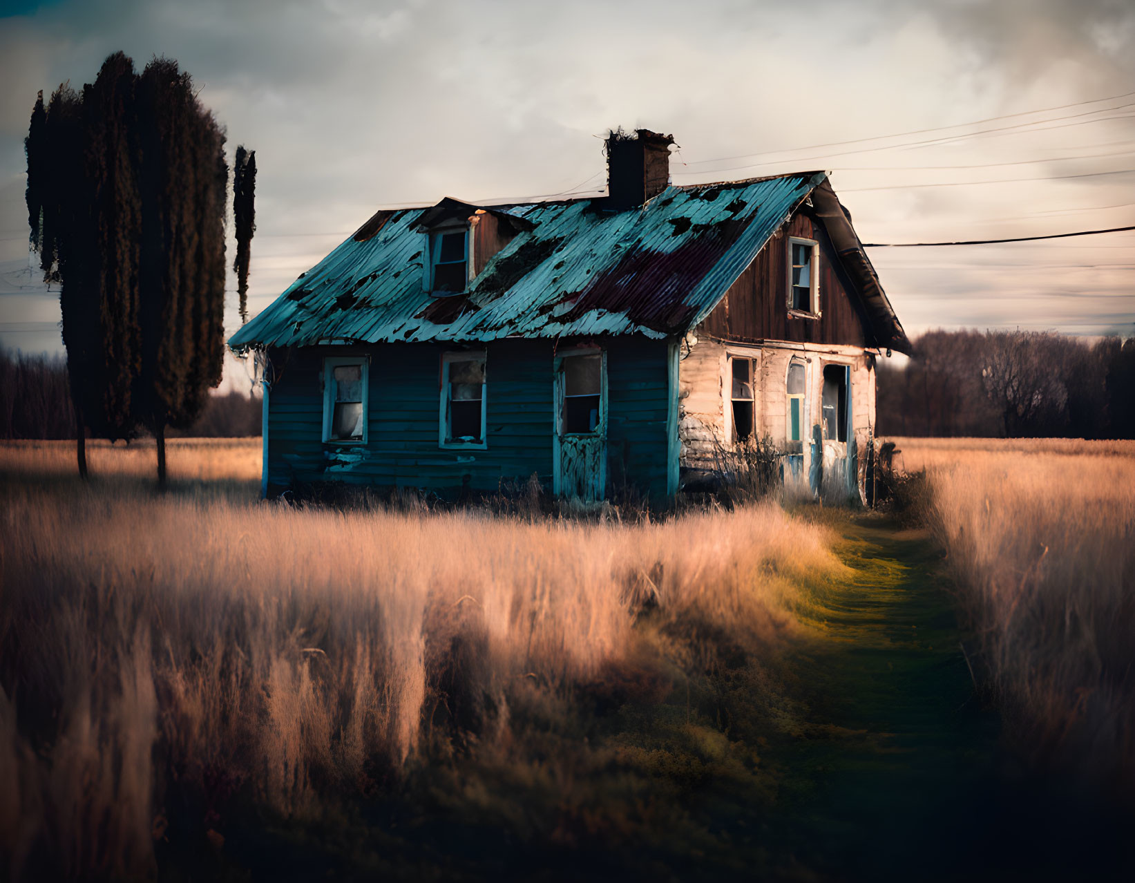 Weathered blue house in tall grass with pathway under moody sky