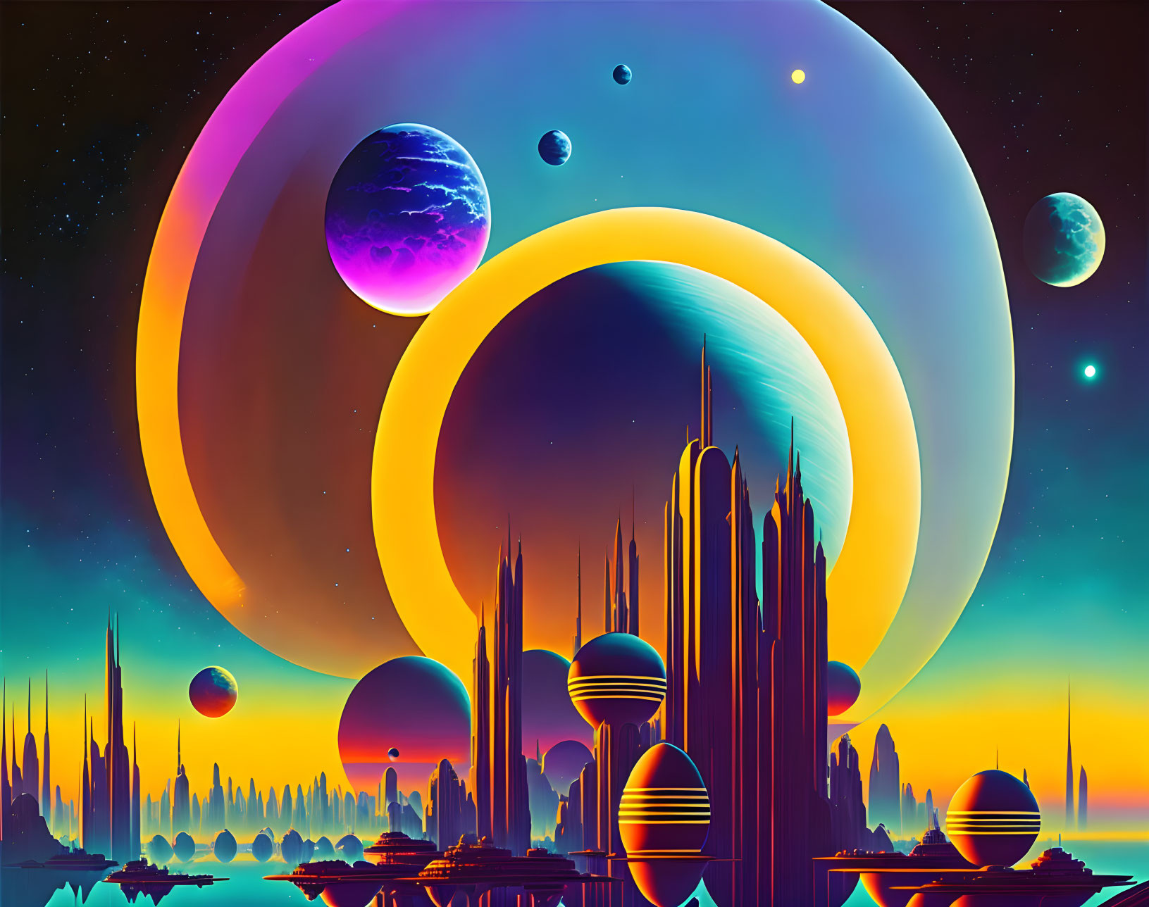 Futuristic sci-fi cityscape with colorful planets and moons