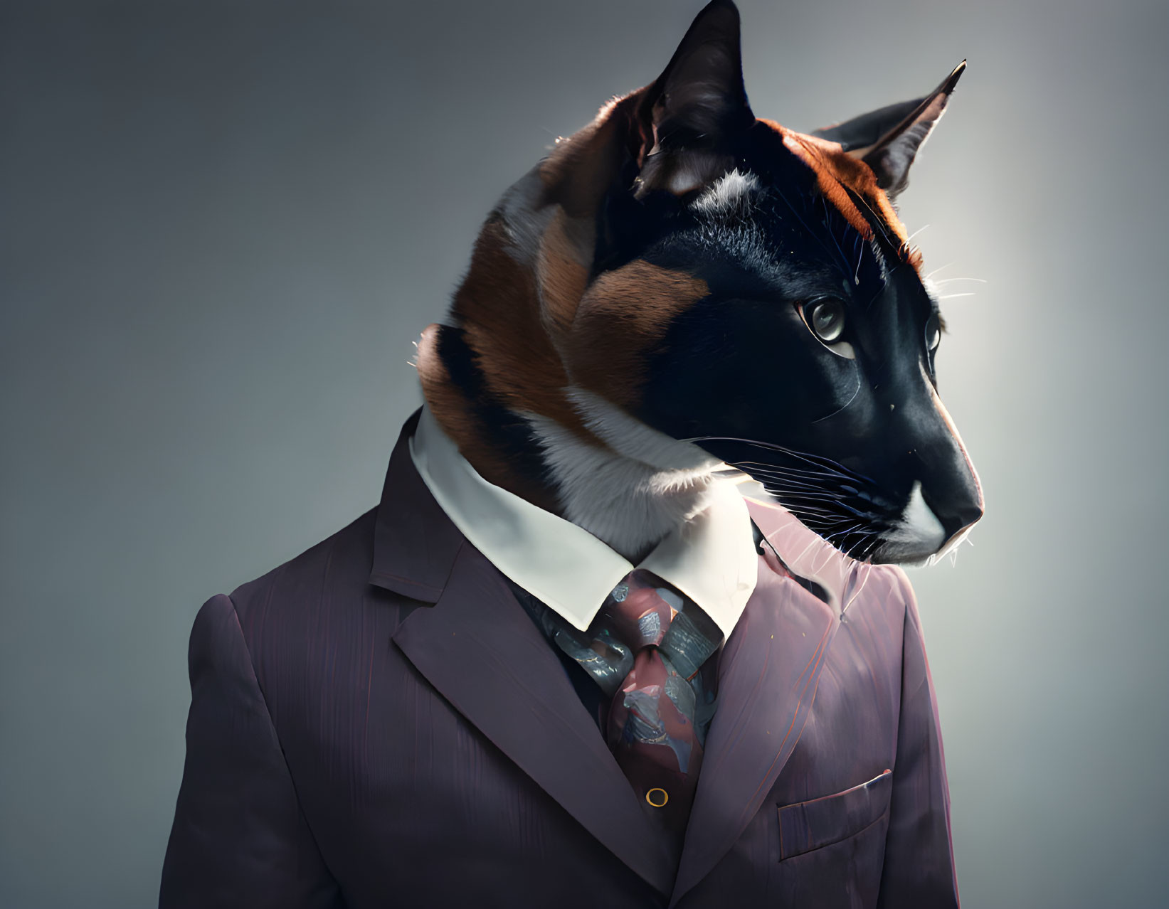 Digital artwork: Cat head on human body in purple suit, white shirt, tie