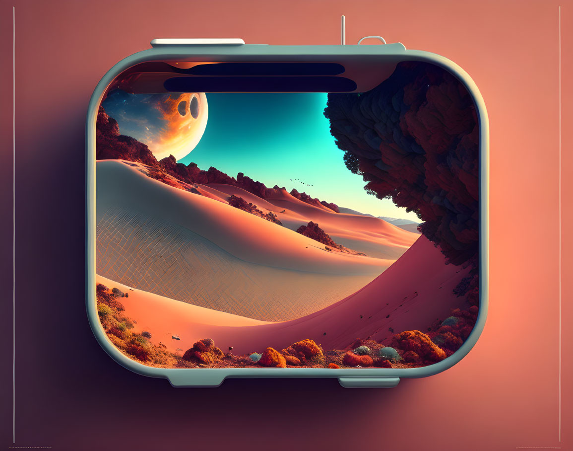 Surreal desert scene with colorful flora and moonrise