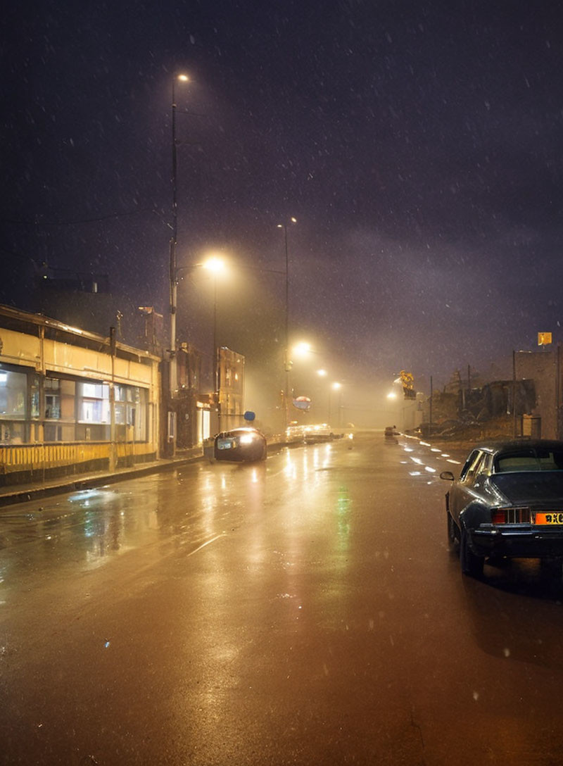 Snowy night scene: dimly lit street with parked cars, glowing streetlight, and foggy