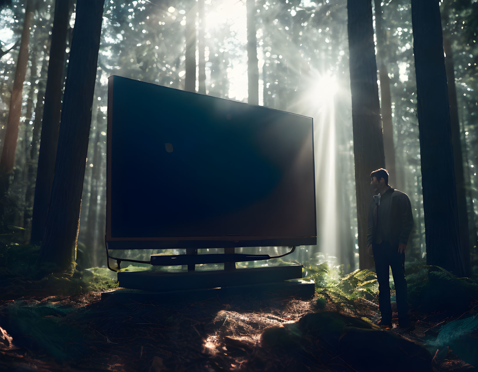 Man standing next to large TV in forest with sunlight filtering through trees