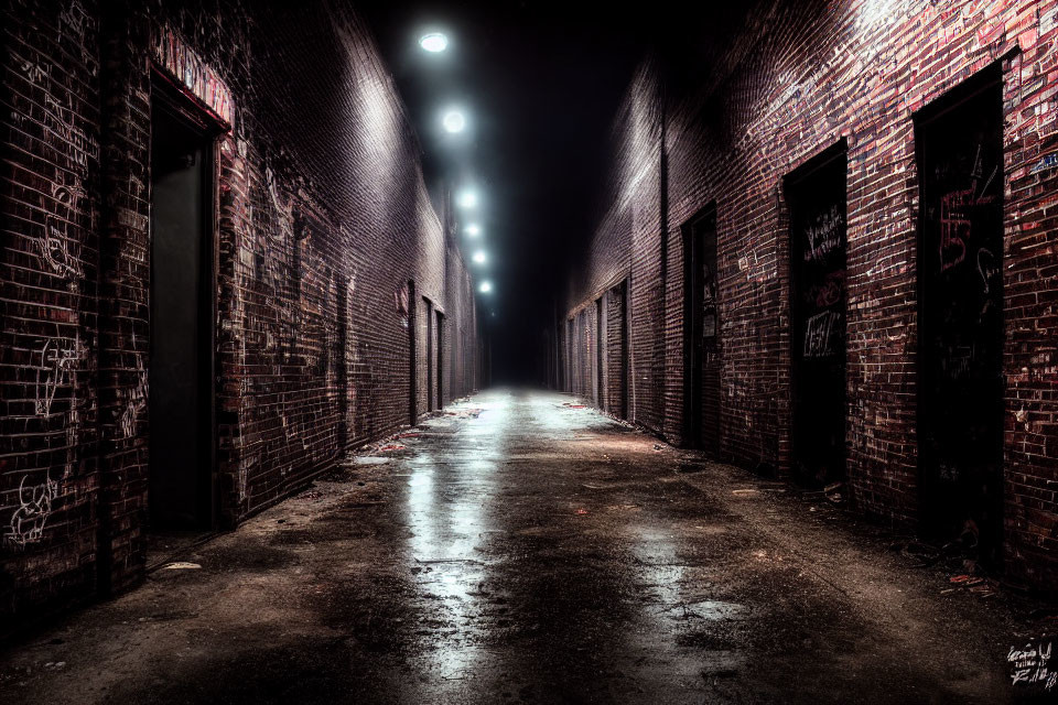 Dark alley at night with wet ground, graffiti walls, converging perspective