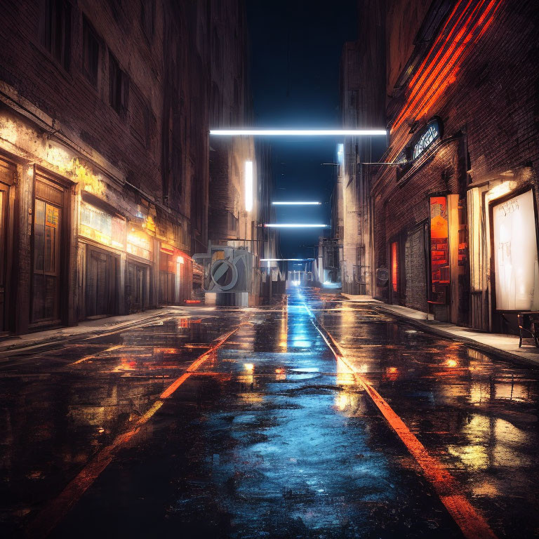 Vibrant neon-lit urban alley at night with wet streets and brick buildings