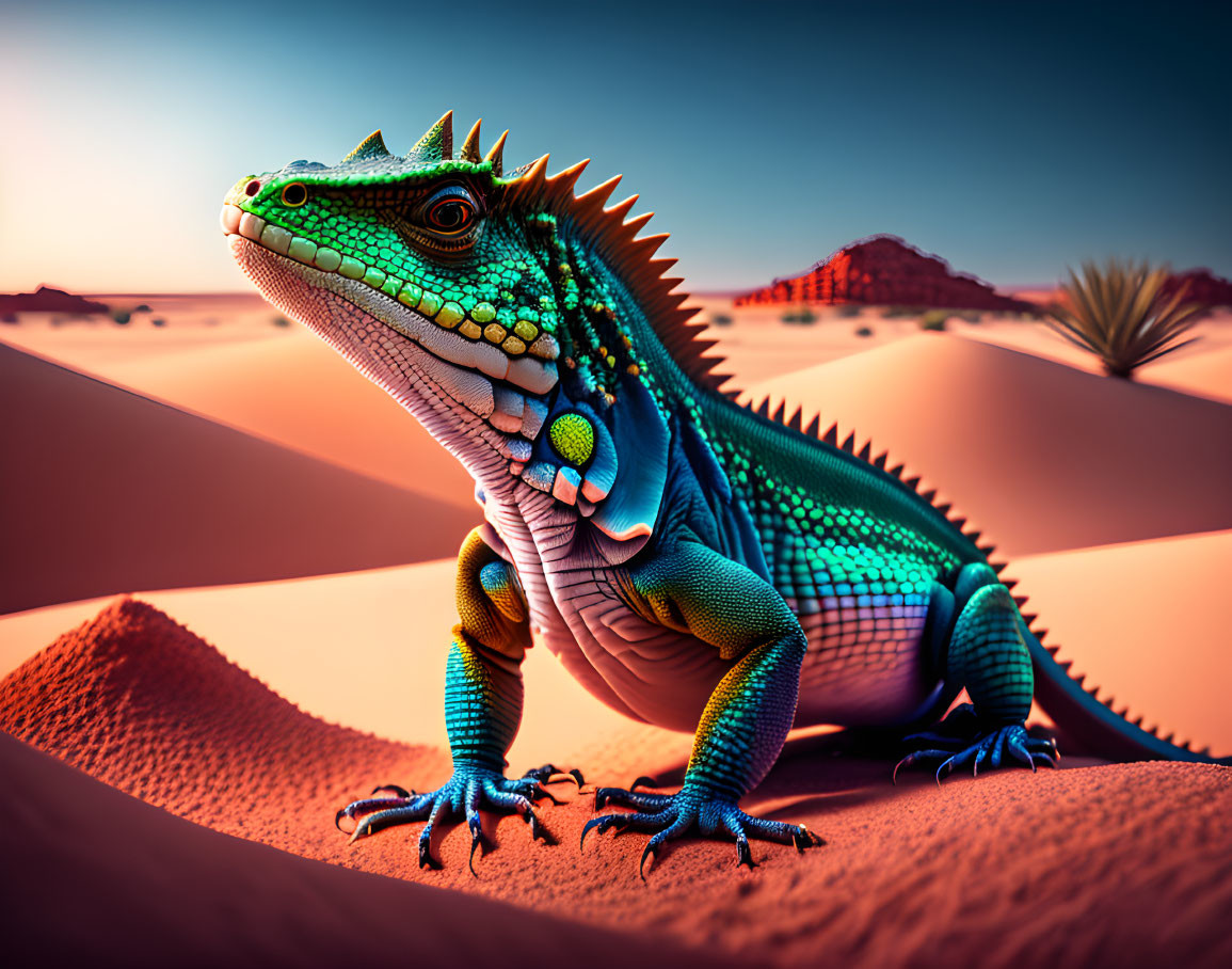 Colorful iguana on desert sand dune with mountains backdrop