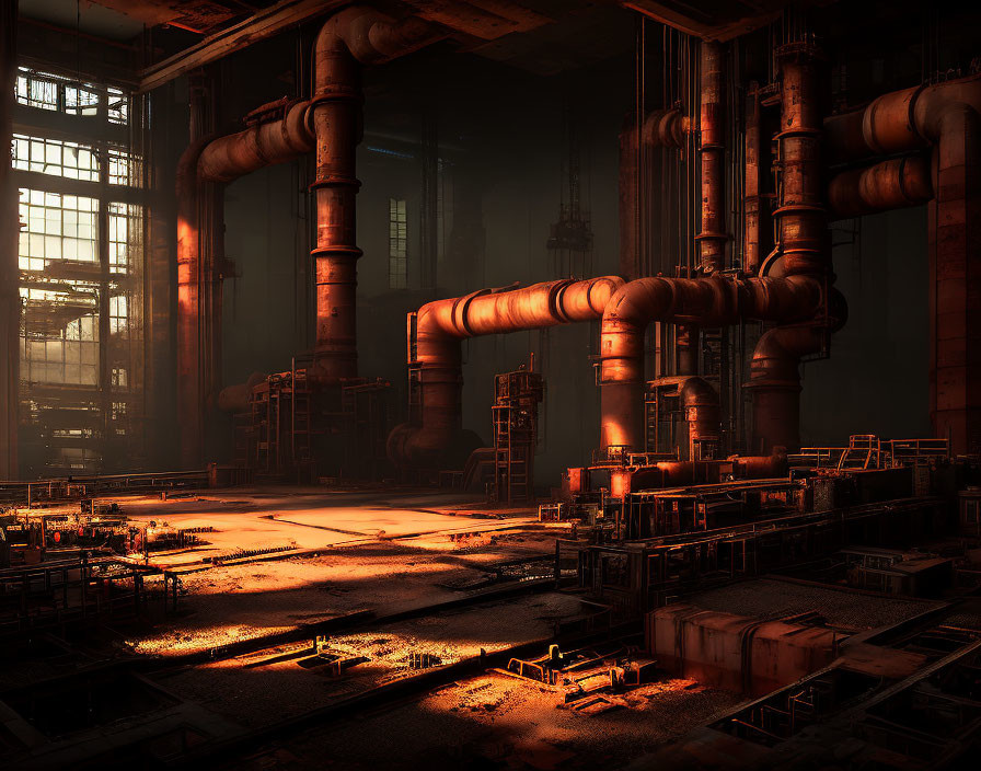 Rusty pipes and dramatic shadows in industrial interior