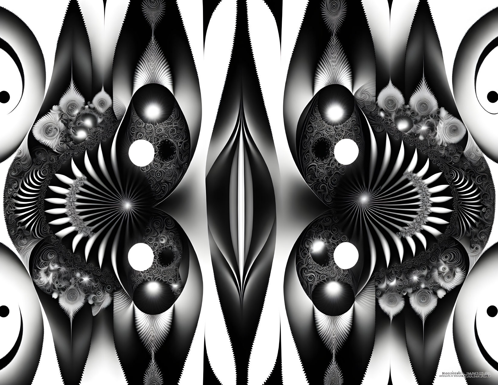 Symmetrical black and white abstract fractal art with hypnotic patterns.