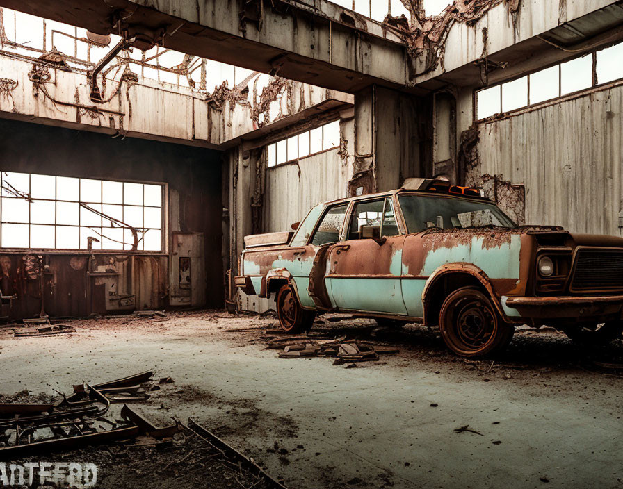 Abandoned rusty car in dilapidated warehouse