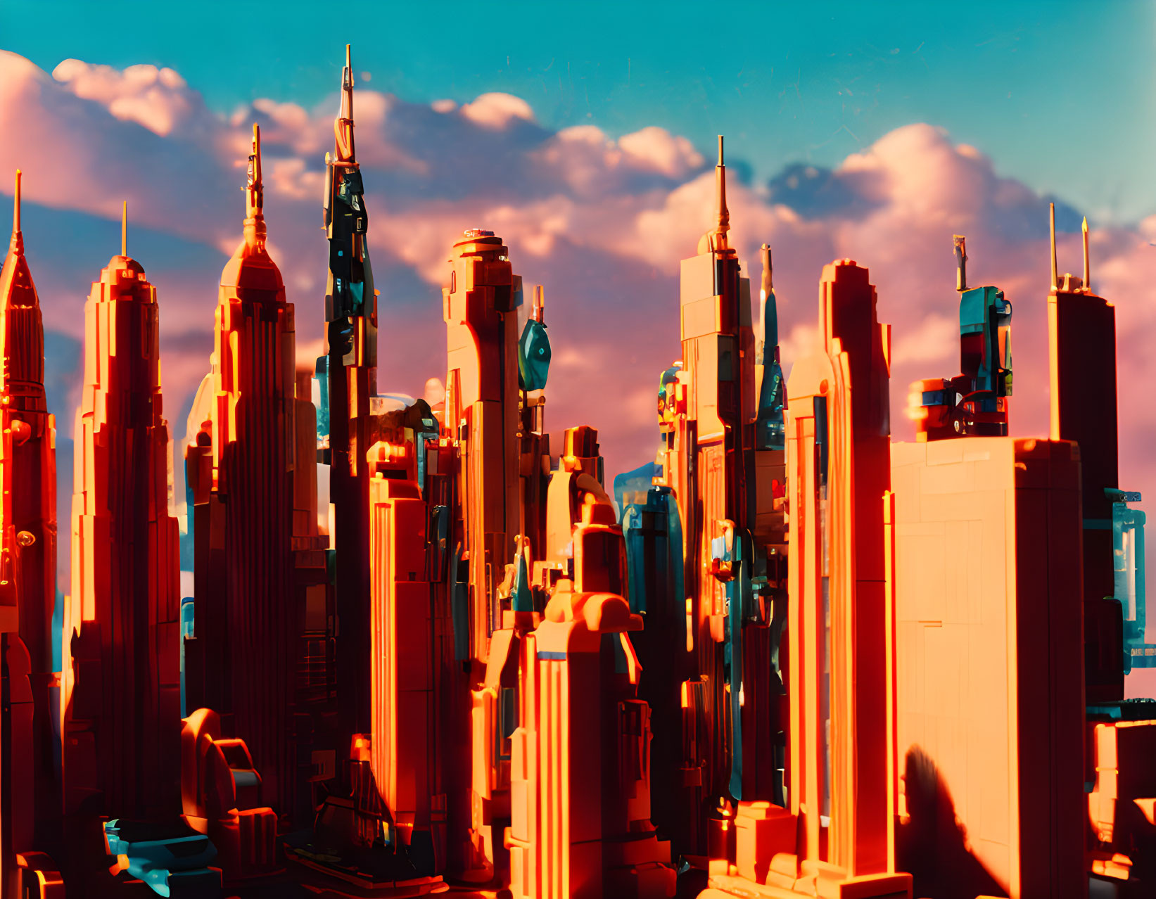 Modern skyscrapers in warm sunset light against blue sky