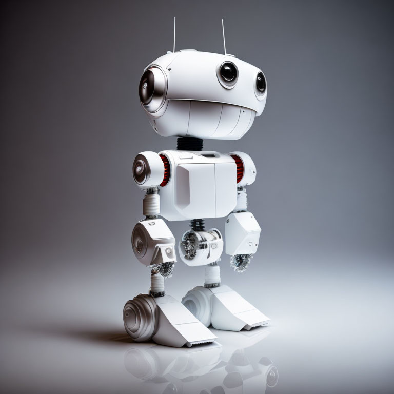 White Cute Robot with Expressive Eyes on Gray Background