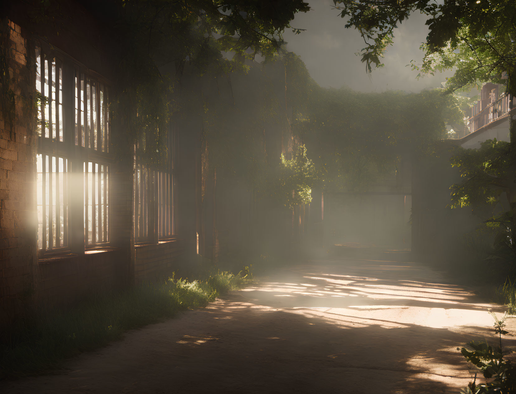 Sunlight filtering through windows and trees in misty ivy-draped alleyway