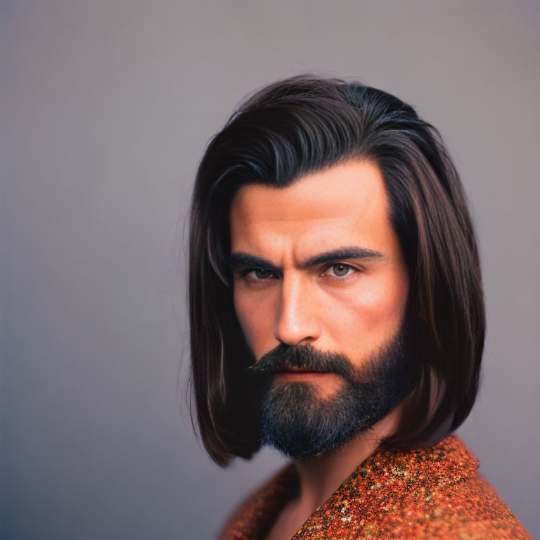 Dark-haired man with full beard in orange shirt on muted backdrop