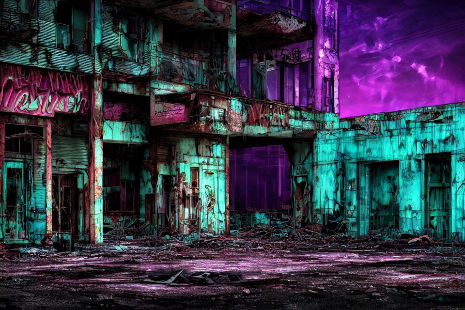 Vivid Post-Apocalyptic Urban Scene with Dramatic Purple Sky