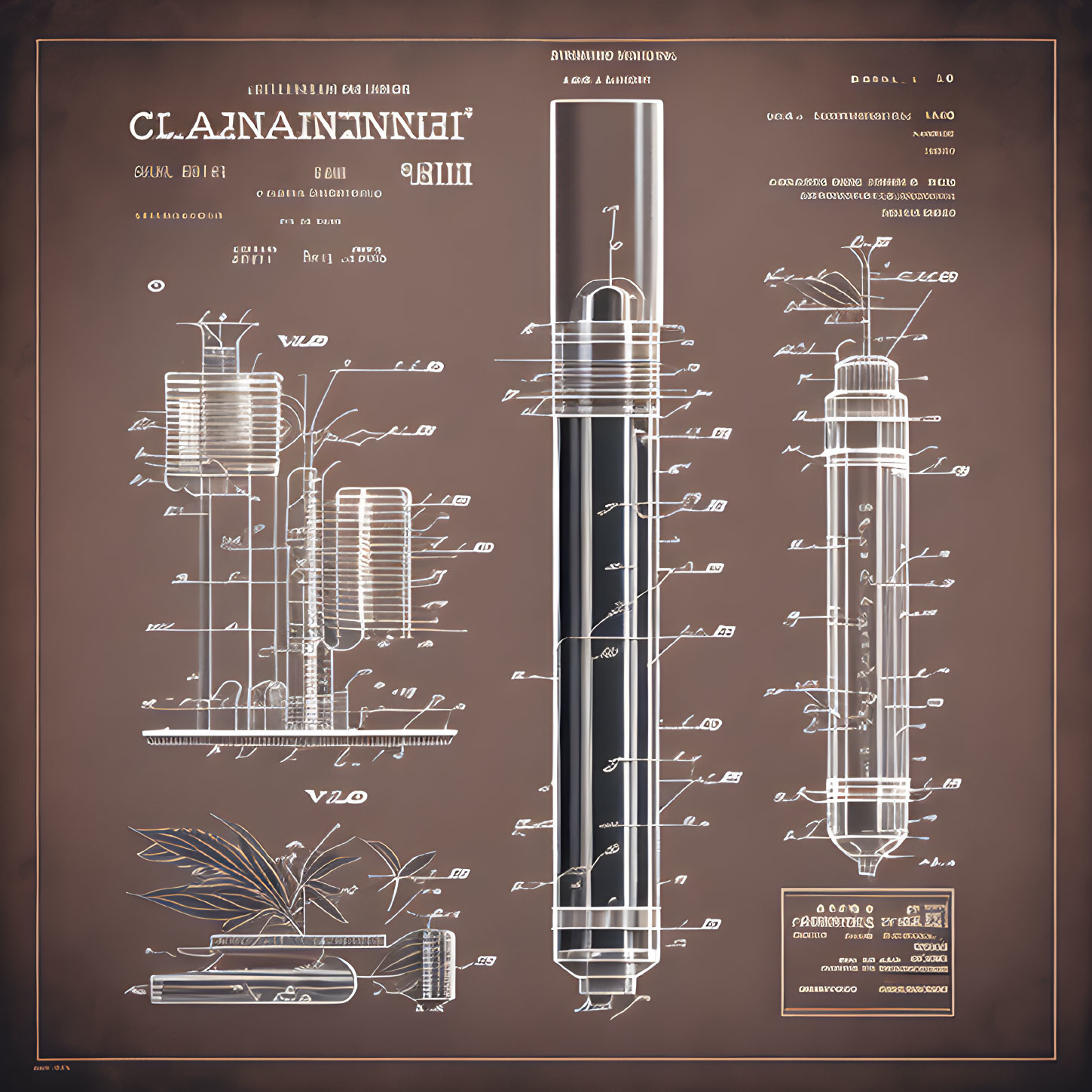 Detailed Vintage Mechanical Pencil Patent Illustration on Brown Background