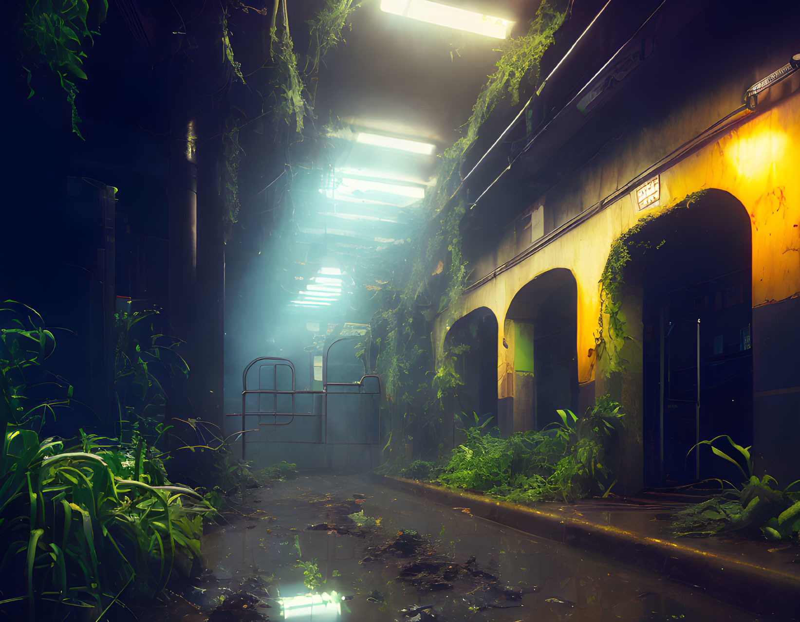 Abandoned subway station reclaimed by nature with post-apocalyptic vibes