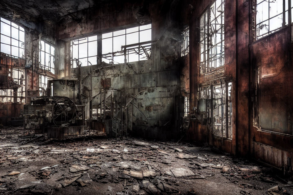 Abandoned Industrial Building with Broken Windows and Rusty Machinery