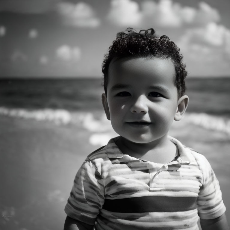 Curly-Haired Child Smiling on Beach in Black and White