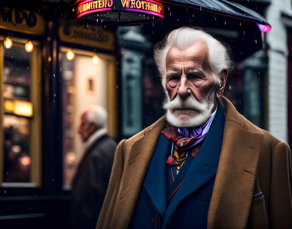 Elderly gentleman in blue suit on city street with shop signage and people