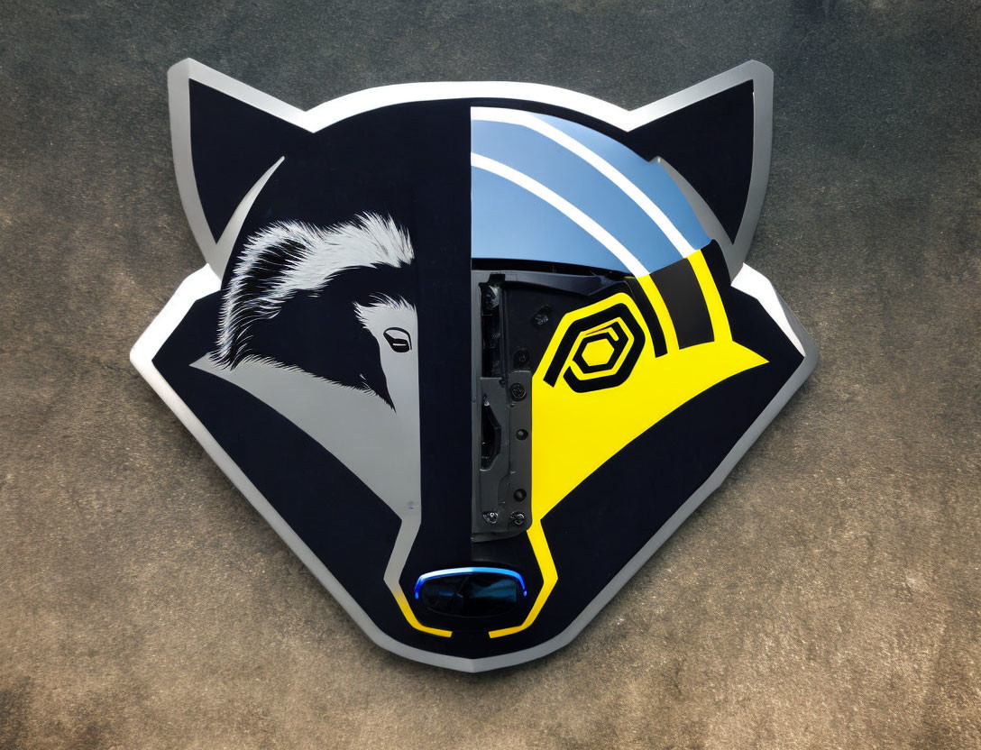 Stylized black and white badger on gray background with yellow and blue motif