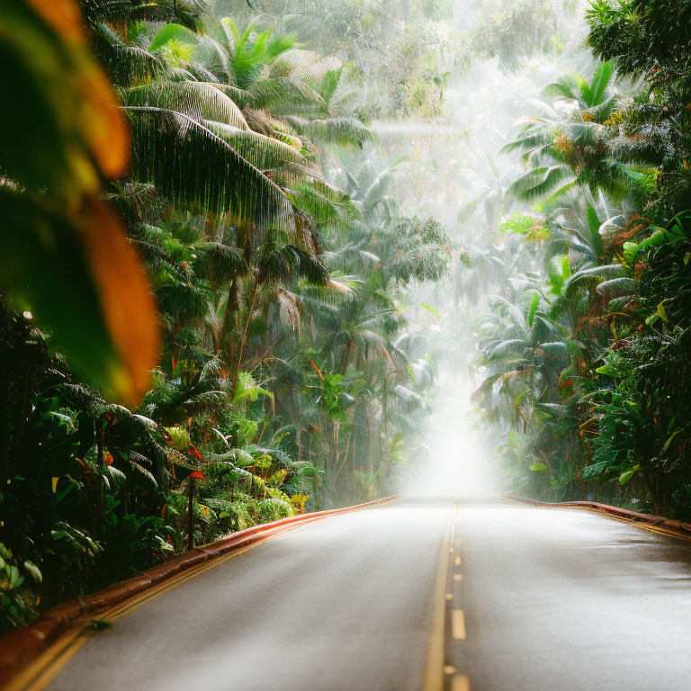 Tranquil tropical road enveloped in lush greenery and mist