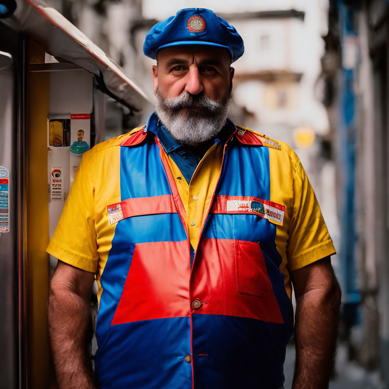 Bearded man in colorful uniform and blue cap in narrow alleyway