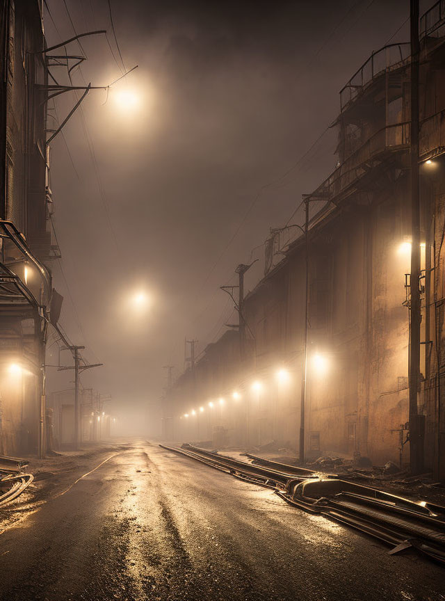 Misty industrial night scene with glowing streetlights and shadowy structures