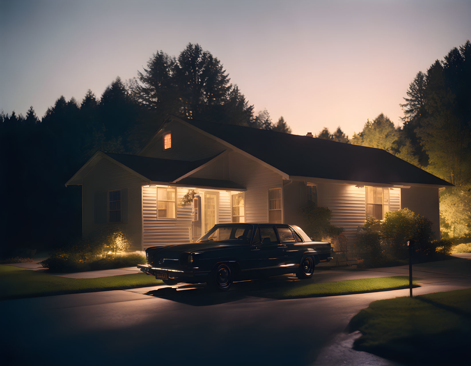 Vintage car parked by illuminated single-story house at twilight