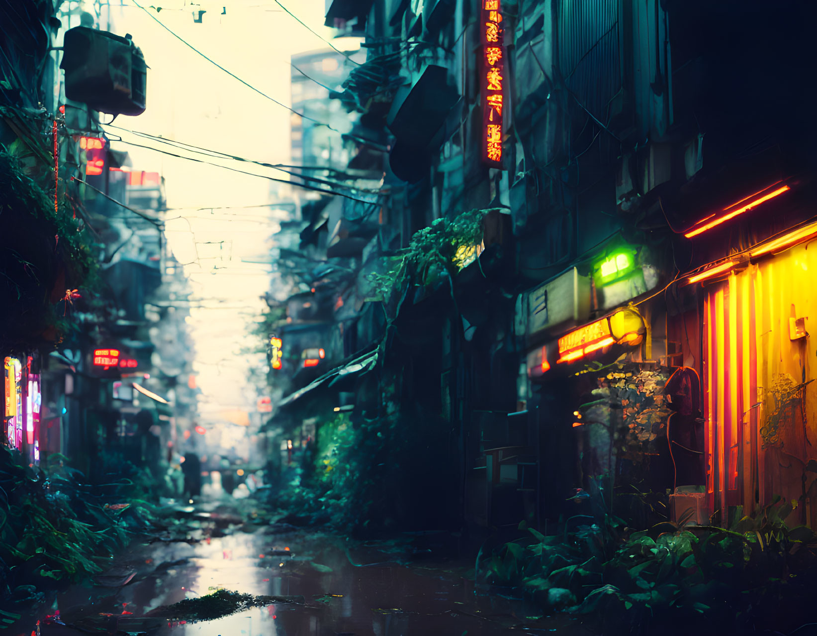 Rain-soaked urban alley with neon signs in twilight