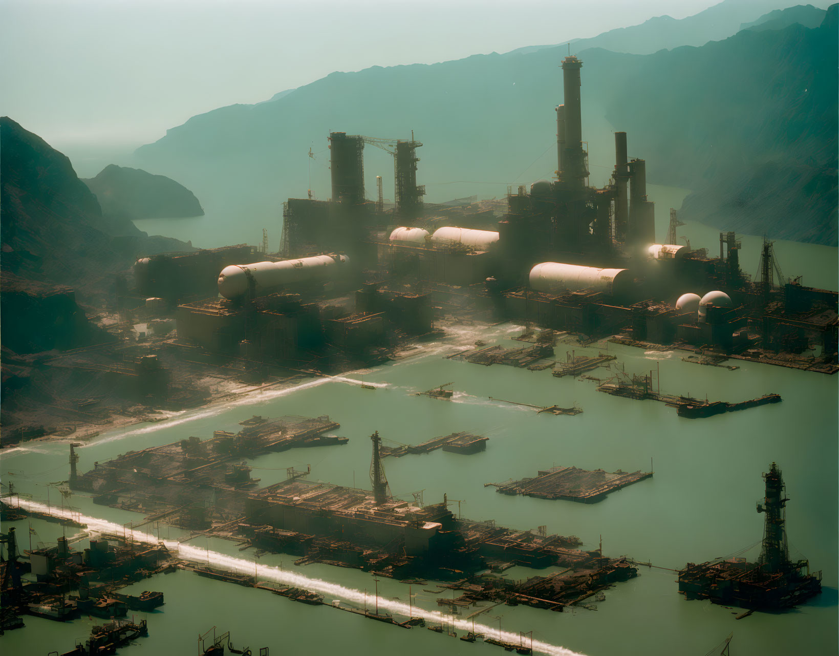 Industrial complex with storage tanks, ships, and mountain backdrop