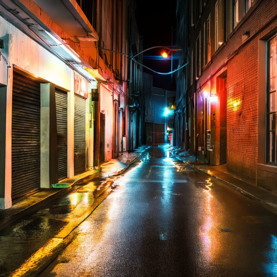 Urban night scene: wet street, closed shops, neon signs, reflections