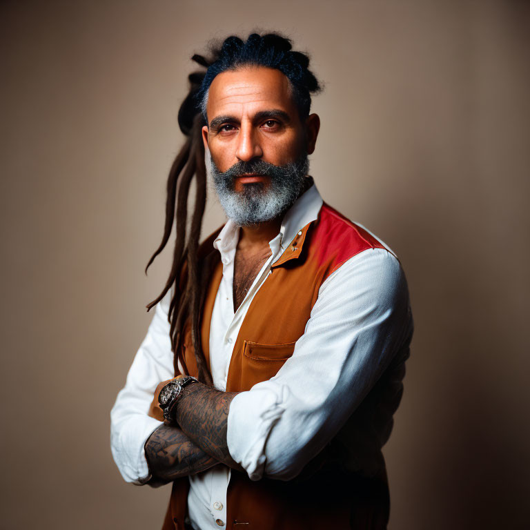 Confident man with long dreadlocks and full beard in white shirt and vest against brown backdrop