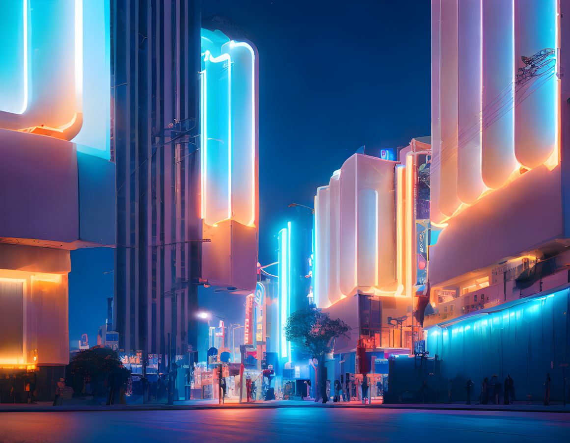 Urban Night Scene: Vibrant Cityscape with Neon Lights