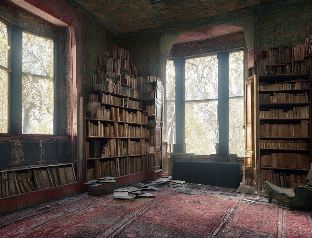 Sunlit vintage library room with book-filled shelves, scattered books, and red carpets