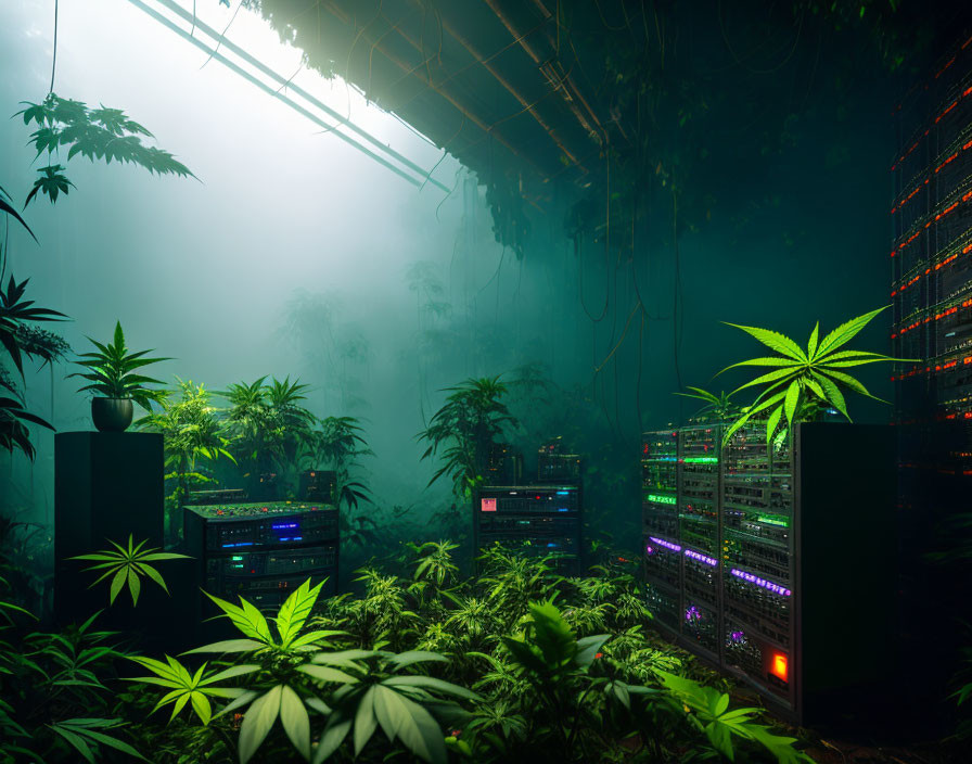 Mystical indoor scene with cannabis plants and glowing server racks in ethereal fog