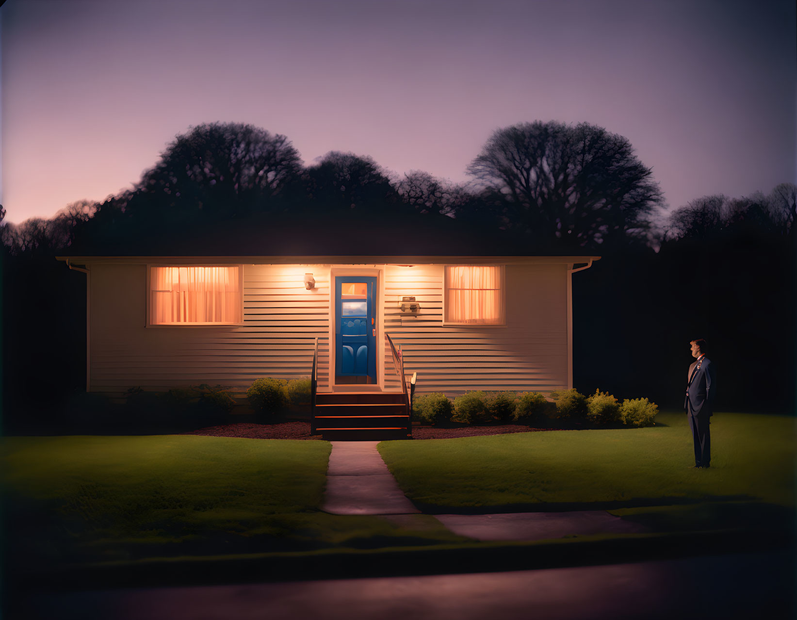 Man standing outside warmly-lit house at dusk with glowing blue door and tranquil garden.