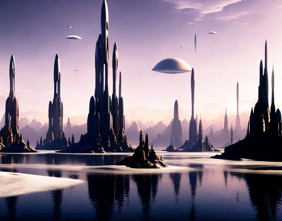 Alien landscape with towering spires and flying saucers under a purple sky