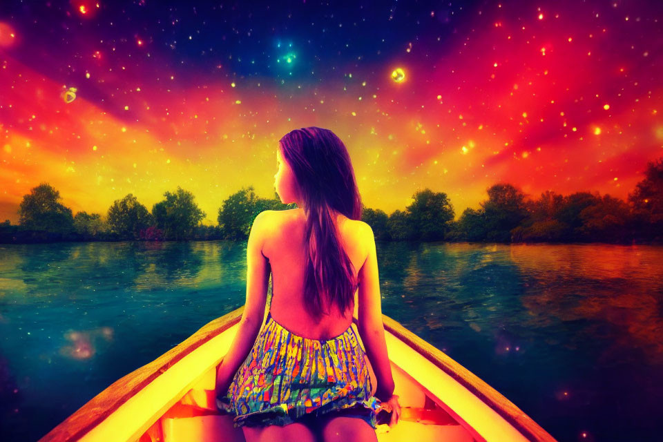 Woman in boat under colorful starry sky above river