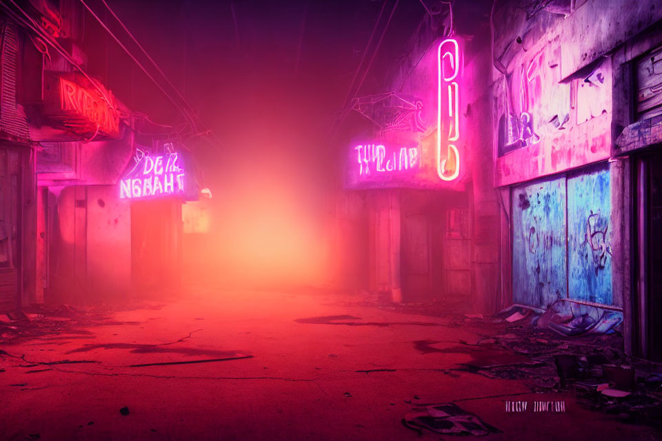 Colorful urban alleyway at night with neon signs, bright light, and graffiti walls