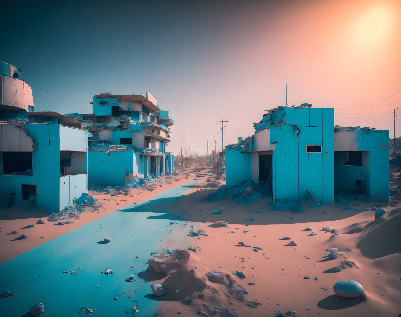 Abandoned sand-covered buildings under oversized sun in hazy sky