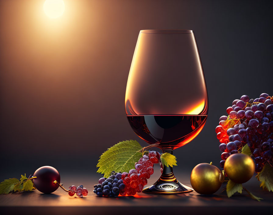 Red Wine Glass Still Life with Grapes and Decorative Balls on Dark Background