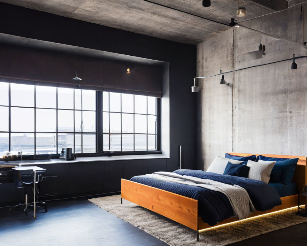 Minimalist Modern Bedroom with Blue and Orange Bedding, Concrete Walls, Large Windows, and Office Desk