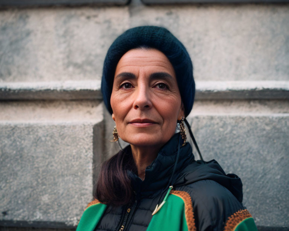 Woman in Blue Beret and Gold Earrings Against Stone Wall