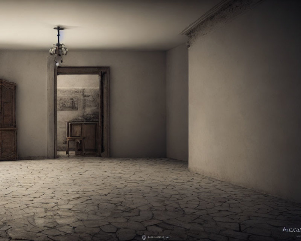 Empty dimly lit room with cracked floors, wooden door, chair, mirror, and hanging light fixture