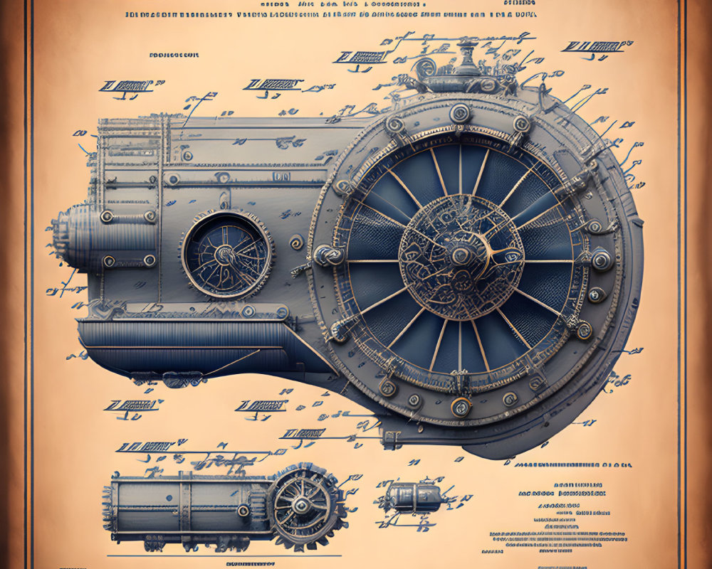 Detailed vintage blueprint of circular mechanical device with sepia tones and ornamental design.