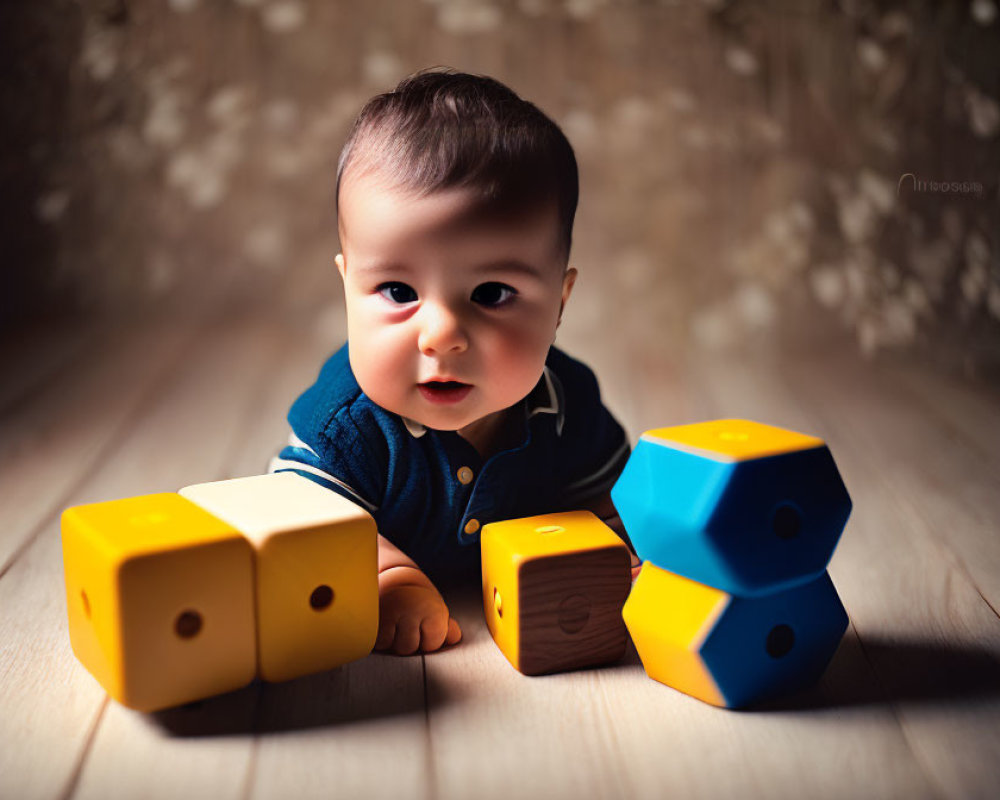 Dark-Haired Baby in Blue Outfit on Wooden Floor with Toy Blocks