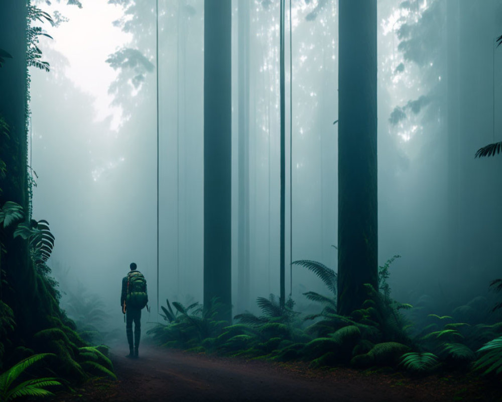 Solitary hiker in misty forest with tall trees and lush ferns