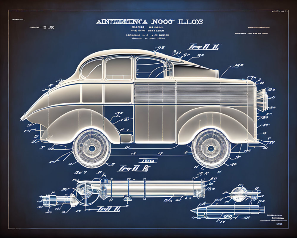 Detailed blueprint of vintage car in side, front, and top views